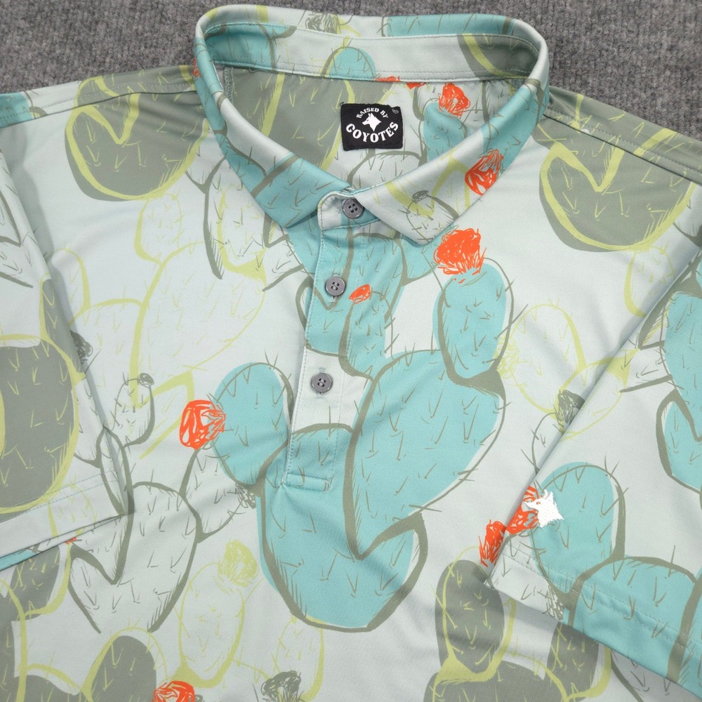 Raised By Coyotes Polo Shirt Mens XL Gray Nopalitos Cactus AOP Performance Golf